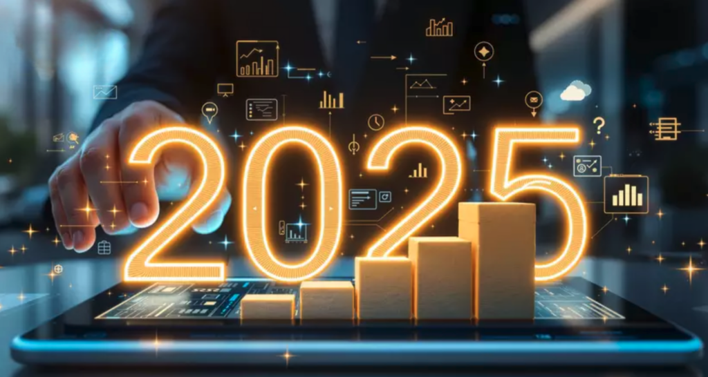 Representação futurista do crescimento do Marketing Digital em 2025, destacando tendências e novas tecnologias para negócios online.