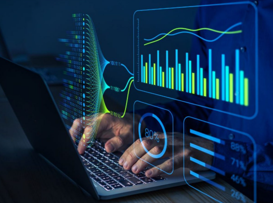 Profissional digitando em um laptop com gráficos digitais e análises de dados projetados na tela. A imagem representa estratégias de análise de desempenho dentro do contexto de o que é marketing digital, destacando a importância do monitoramento de métricas para otimizar campanhas.