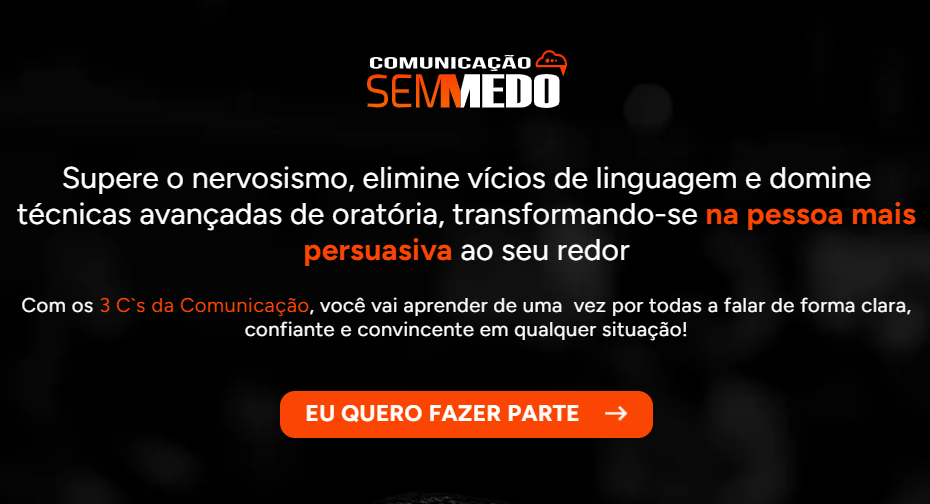 Página de vendas destacando a frase “Comunicação Sem Medo”, demonstrando a aplicação do copy persuasivo para atrair e convencer os leitores a realizar uma ação.