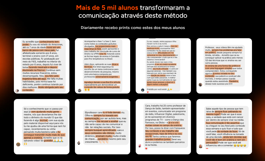 Depoimentos de alunos satisfeitos em uma página de vendas, evidenciando a importância da copy estratégica para gerar contribuições adicionais e adicionais.