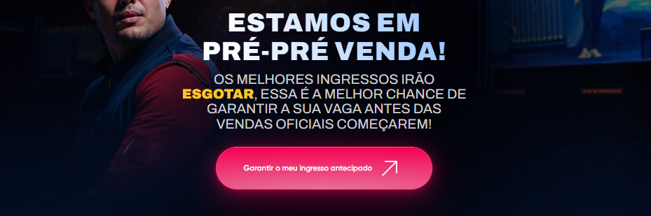 Página de pré-venda de um evento, utilizando técnicas de escassez e urgência no copy para atrações antecipadas.