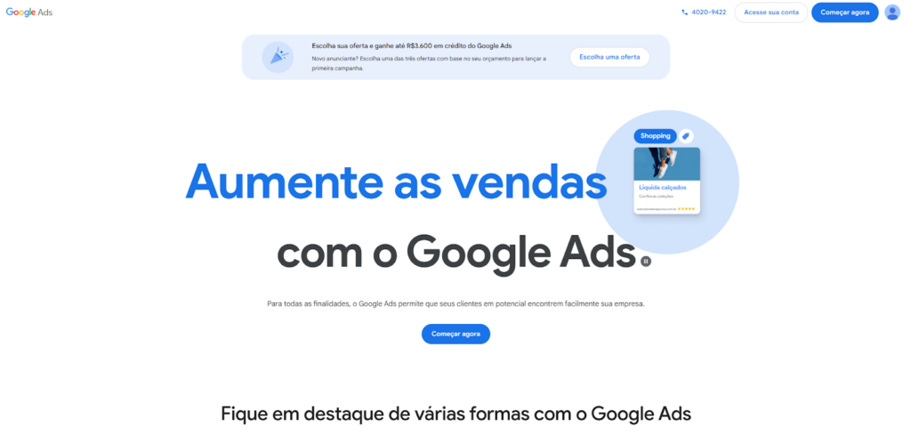 Página inicial do Google Ads, destacando estratégias para aumentar as vendas com Tráfego Pago e alcançar novos públicos.