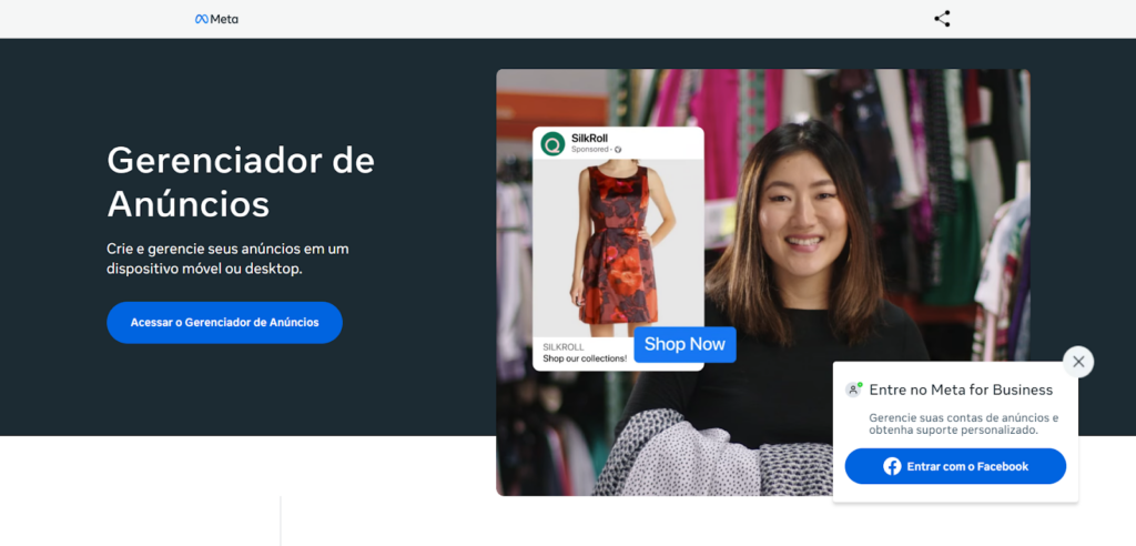 Plataforma Meta Business Manager exibindo o Gerenciador de Anúncios, onde as empresas investem em Tráfego Pago para campanhas no Facebook e Instagram.