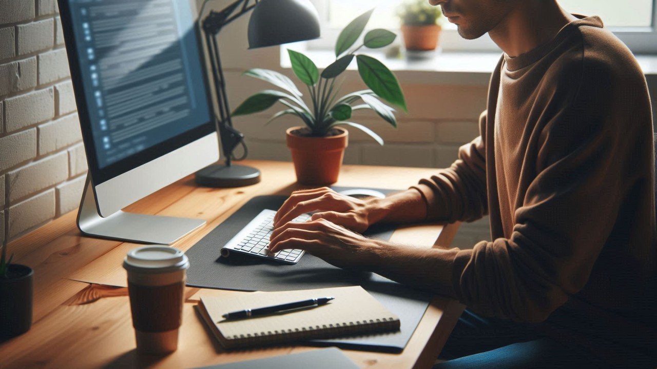 Ilustração conceitual de uma pessoa digitando em um notebook com a frase “What is Copywriting?”, cercada por elementos visuais que remetem à escrita persuasiva e marketing digital.