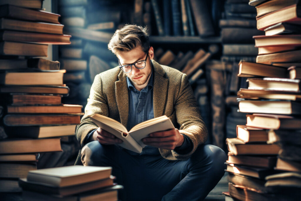 Homem jovem sentado no chão entre pilhas de livros, em um ambiente aconchegante e repleto de estantes, concentrado enquanto estuda um livro aberto em suas mãos, simbolizando dedicação ao aprendizado e imersão no estudo.
