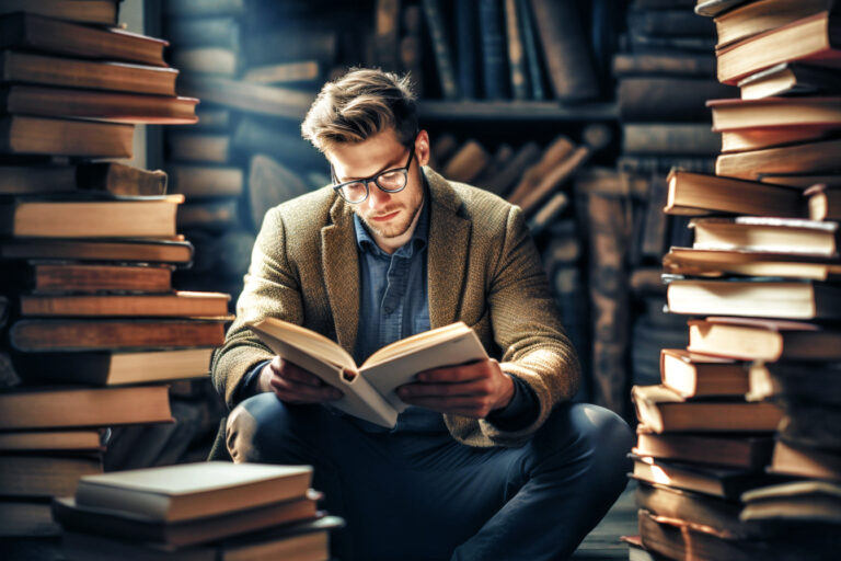 Homem jovem sentado no chão entre pilhas de livros, em um ambiente aconchegante e repleto de estantes, concentrado enquanto estuda um livro aberto em suas mãos, simbolizando dedicação ao aprendizado e imersão no estudo.
