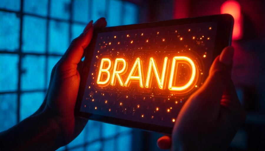 Branding digital apresentado em tela de tablet com iluminação vibrante, simbolizando presença marcante da marca.