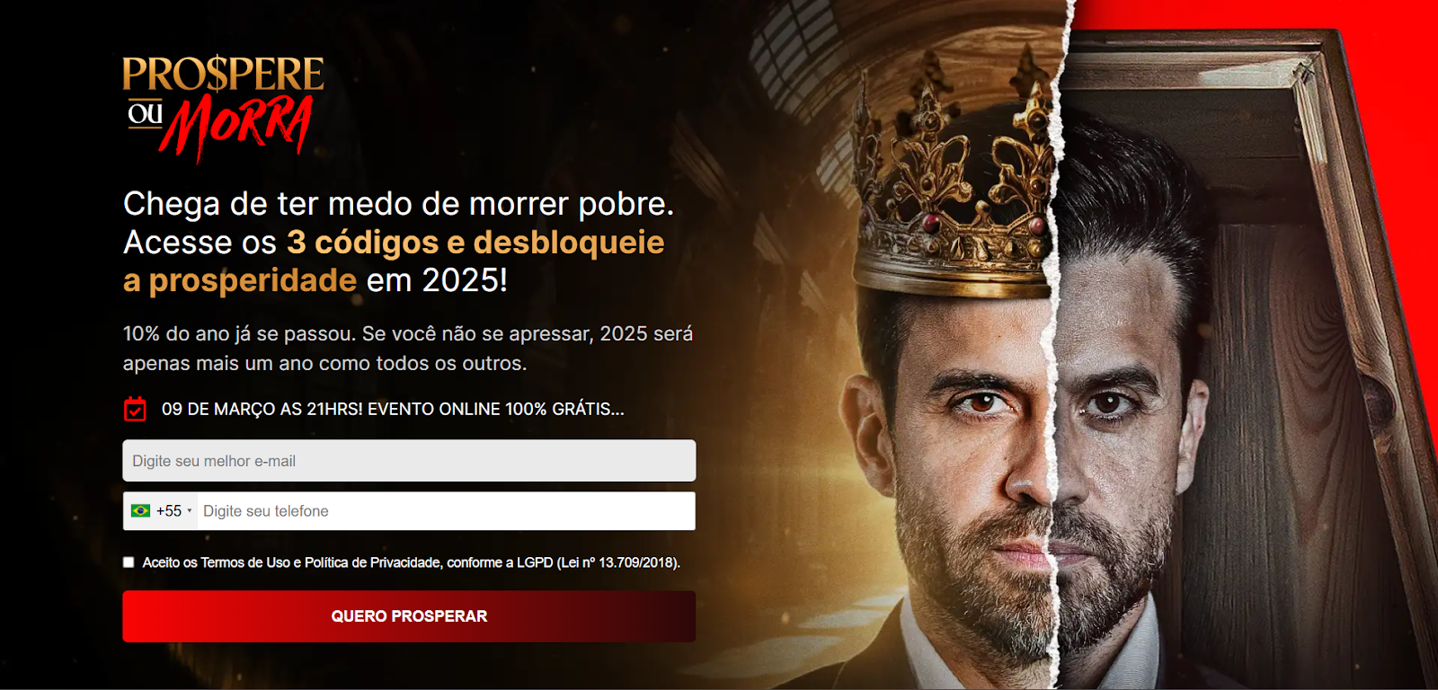Página de captura com copy direta e emocional que promete desbloquear códigos de prosperidade em 2025.