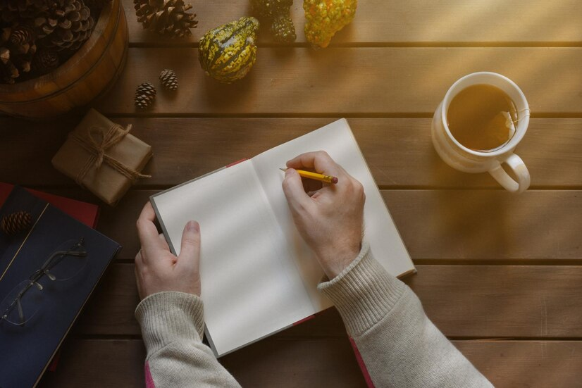 Ghost Writer redigindo rascunhos de conteúdo criativo ao lado de chá quente e elementos naturais, simbolizando foco e imersão.