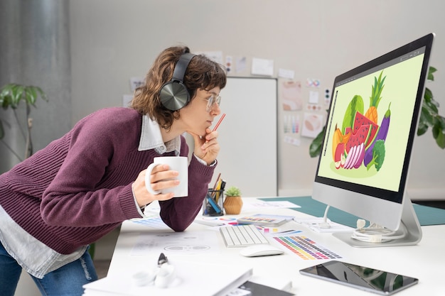 Designer com fones de ouvido analisando uma ilustração colorida de frutas em seu monitor, segurando uma caneca e lápis, em ambiente criativo.