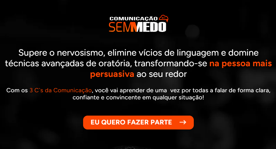 Página de vendas com copy persuasiva incentivando o usuário a superar o medo de falar em público com técnicas de comunicação.