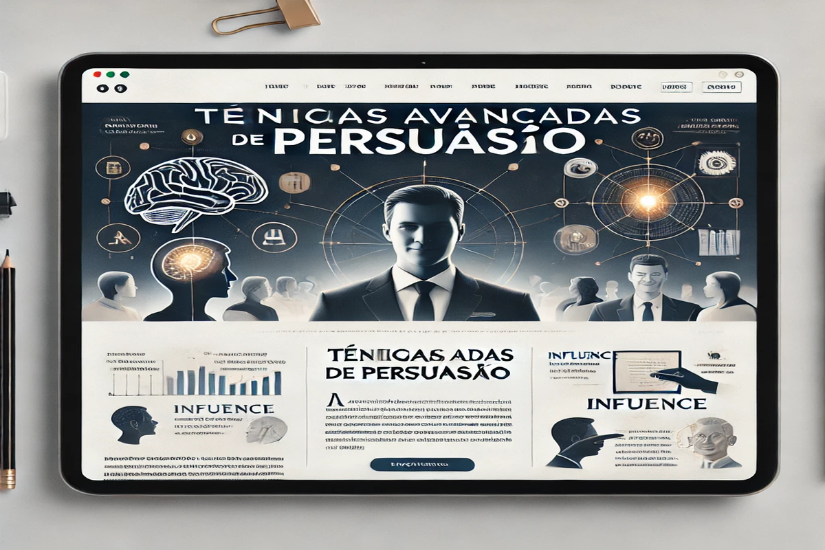 Interface digital mostrando elementos visuais de copy avançada com foco em técnicas de persuasão e influência no marketing.