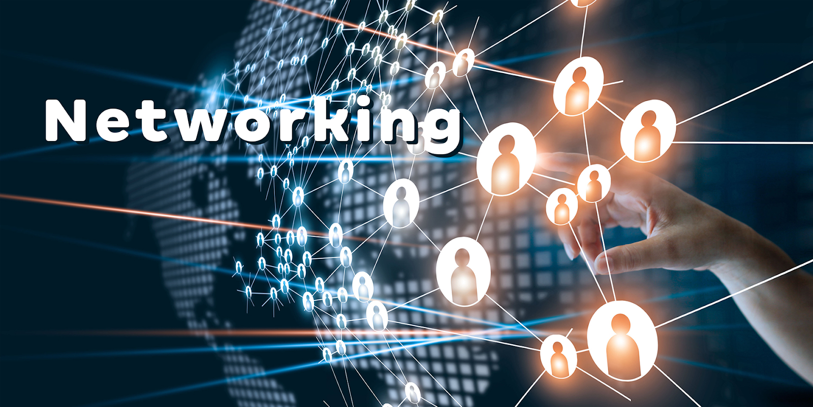 Representação visual de conexões digitais e networking global aplicados ao marketing digital, com destaque para ícones de pessoas interligadas e tecnologia em rede.