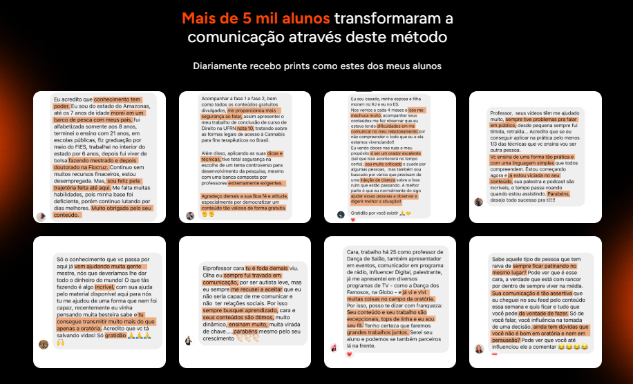 Provas sociais utilizadas como copy de alta conversão para validar a eficácia de um método de comunicação persuasiva.