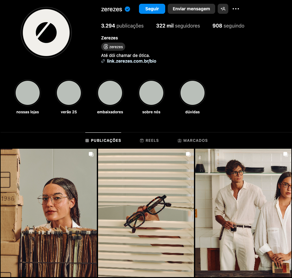 Perfil visualmente coerente da marca Zerezes no Instagram, exemplo de branding moderno no setor de ótica.