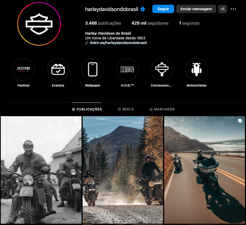 Perfil da Harley-Davidson no Instagram, exemplo de branding forte e consistente com foco em liberdade e tradição.