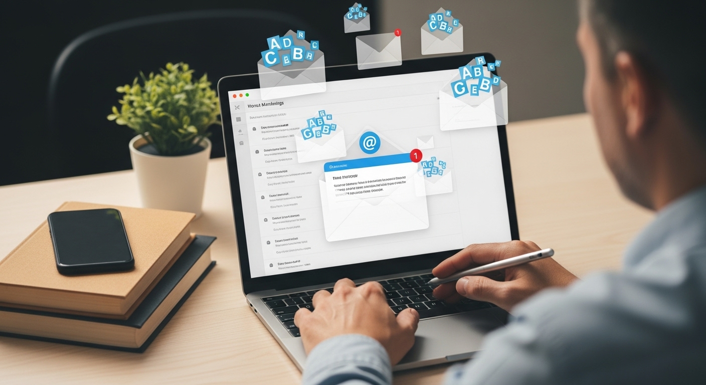 Profissional digitando enquanto visualiza novas mensagens em uma plataforma de e-mail marketing.