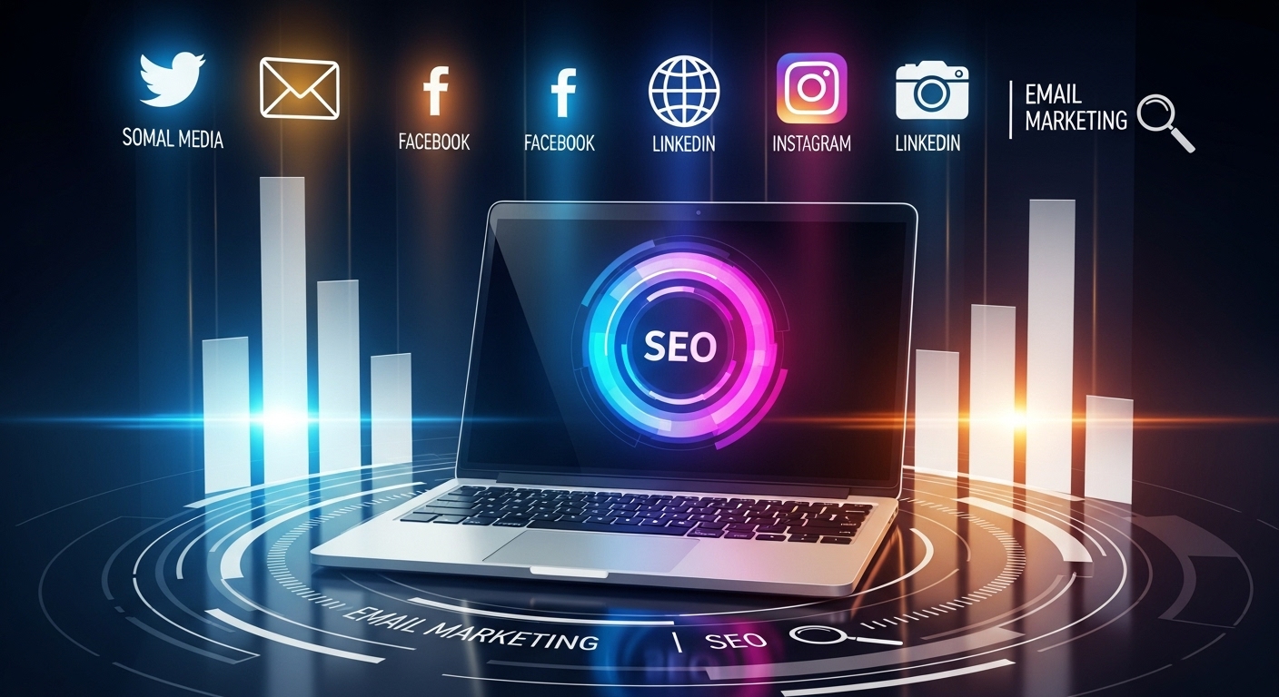 Representação visual de estratégias de marketing digital com foco em SEO, redes sociais e e-mail marketing.