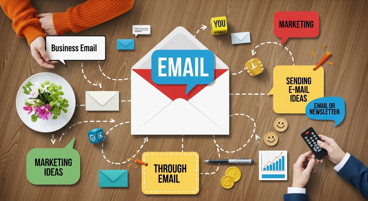 Elementos visuais que representam ideias e estratégias criativas para campanhas de e-mail marketing.