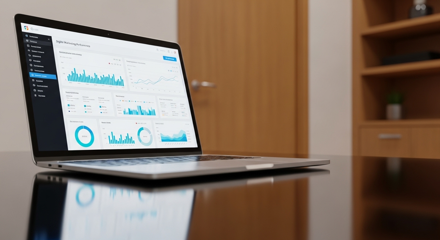 Dashboard de performance em marketing digital exibido em um notebook com gráficos e KPIs.