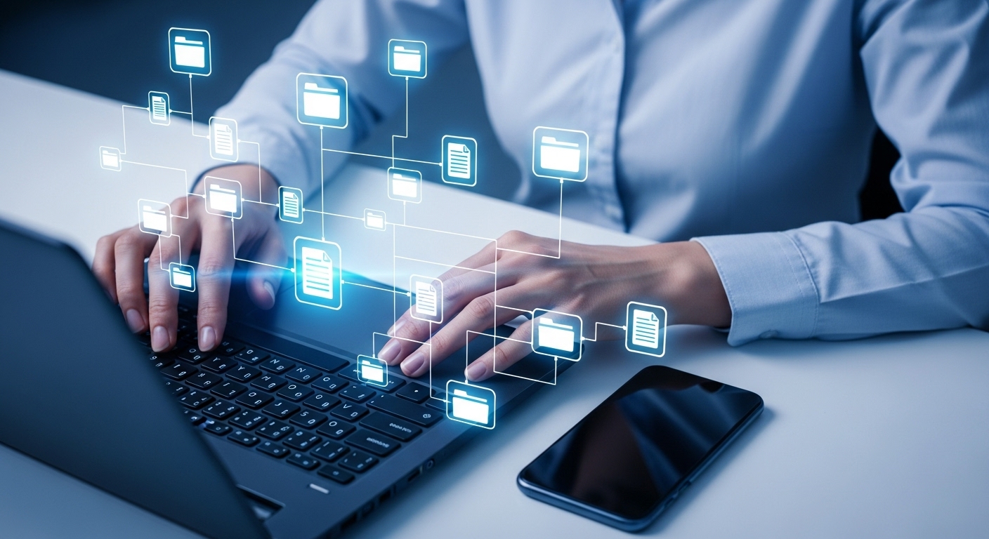 Profissional digitando em um notebook com ícones digitais flutuando, representando a automação de processos dentro de um funil de vendas no marketing digital.