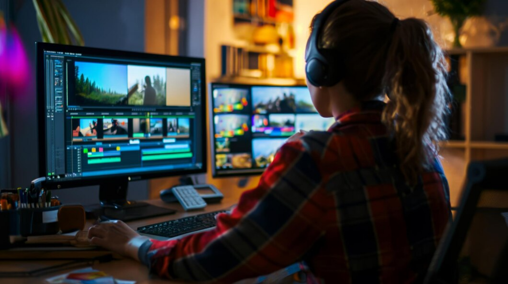 Pessoa com fones de ouvido editando vídeos profissionais em dois monitores, demonstrando o trabalho técnico e criativo de um editor de vídeos.