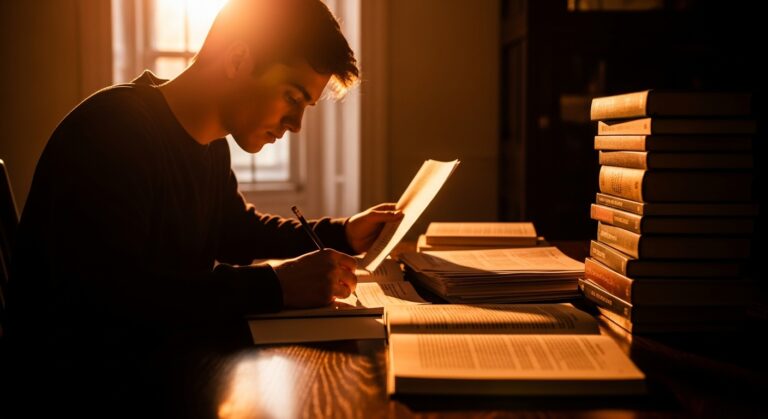 Homem jovem sentado no chão entre pilhas de livros, em um ambiente aconchegante e repleto de estantes, concentrado enquanto estuda um livro aberto em suas mãos, simbolizando dedicação ao aprendizado e imersão no estudo.