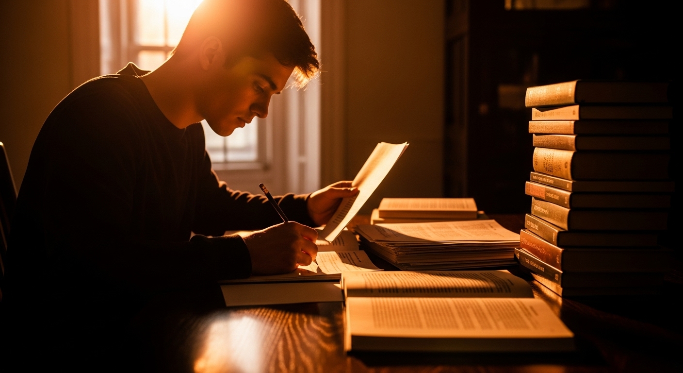 Homem jovem sentado no chão entre pilhas de livros, em um ambiente aconchegante e repleto de estantes, concentrado enquanto estuda um livro aberto em suas mãos, simbolizando dedicação ao aprendizado e imersão no estudo.