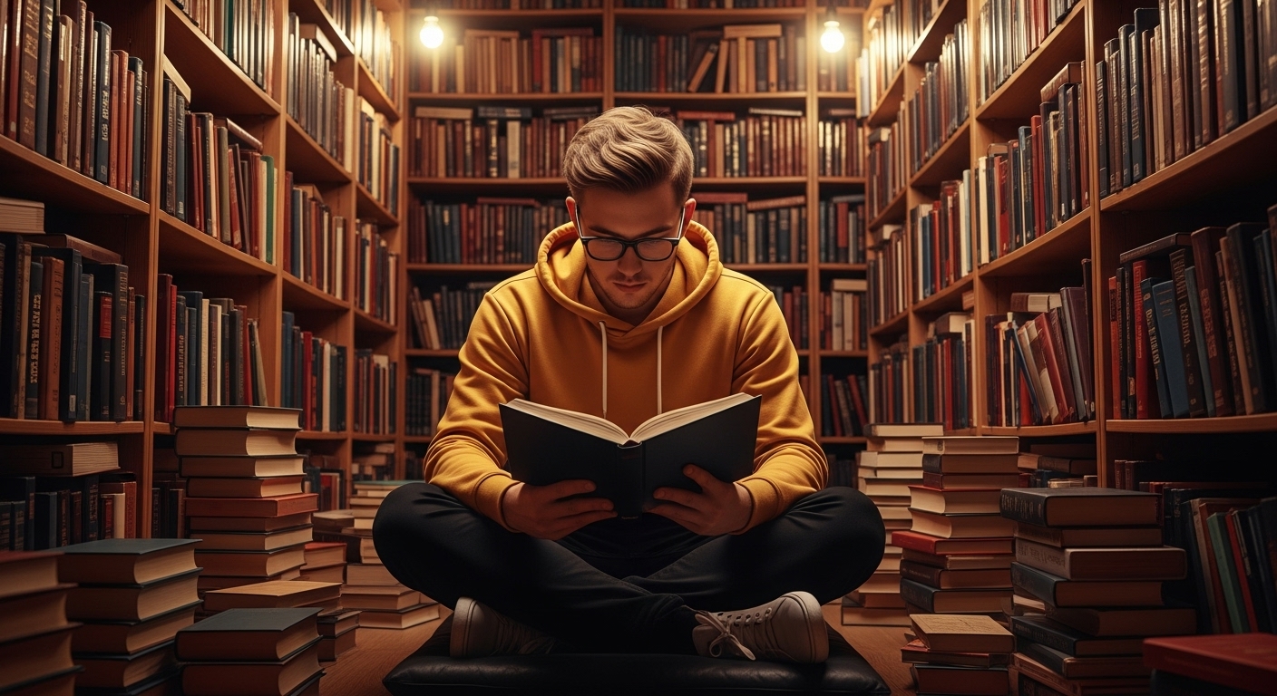 Homem jovem sentado no chão entre pilhas de livros, em um ambiente aconchegante e repleto de estantes, concentrado enquanto estuda um livro aberto em suas mãos, simbolizando dedicação ao aprendizado e imersão no estudo.