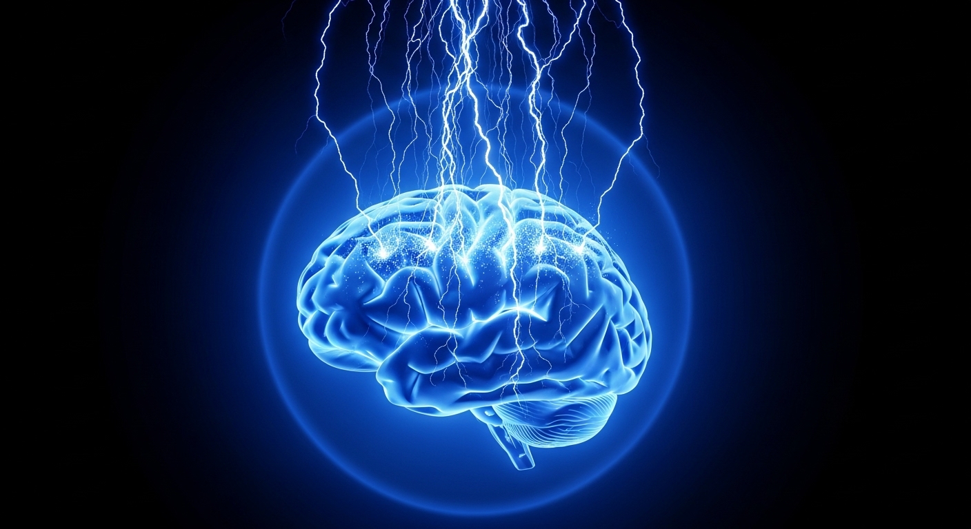 Uma ilustração digital de um cérebro humano brilhante em tons de azul, com raios elétricos pulsando e uma aura circular ao redor. A imagem evoca a atividade cerebral e o poder do aprendizado, remetendo a como estudar melhor pode ativar a mente.