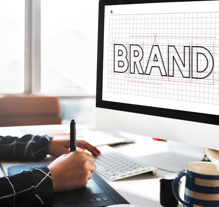 Designer trabalhando na criação de identidade visual no computador, elemento essencial do branding.