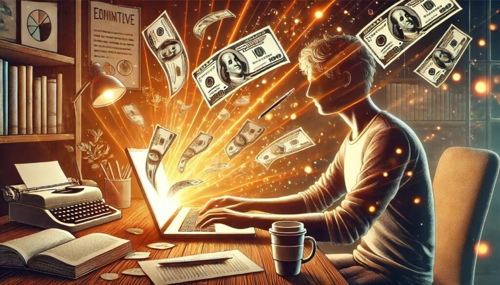 Homem trabalhando com copy em um ambiente digital, ilustrando como a escrita persuasiva pode gerar lucros expressivos no mercado online.