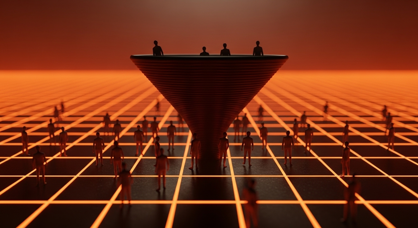 Conceito visual de funil de vendas com figuras humanas entrando por cima de um funil iluminado em um grid digital, simbolizando a atração e conversão de leads.