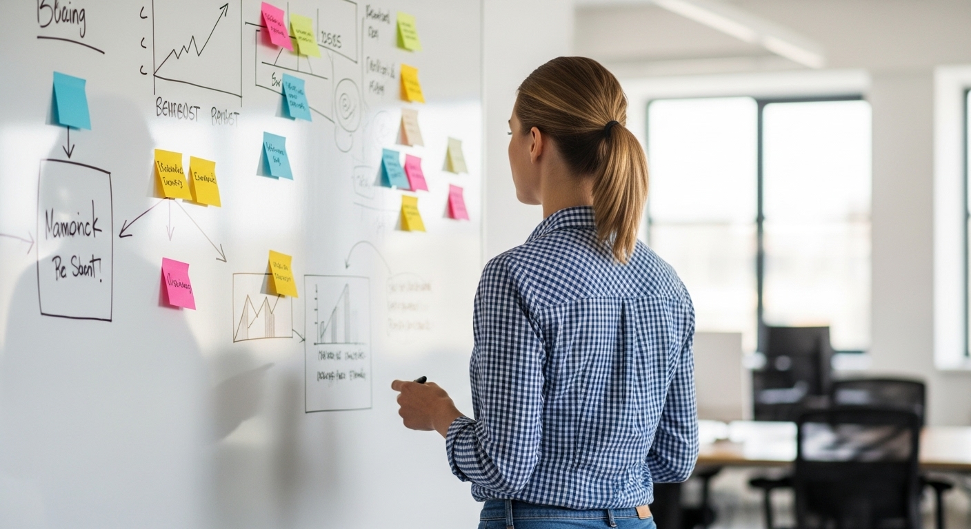 Mulher analisando estratégias em um quadro branco com gráficos, post-its e fluxogramas, planejando etapas do funil de vendas para otimizar a conversão de clientes.