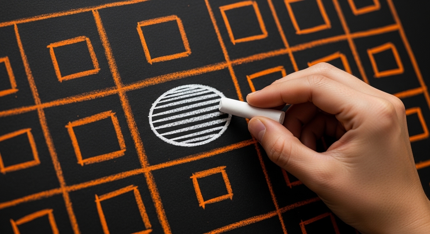 Uma mão segura um giz branco, desenhando um círculo listrado dentro de um quadrado alinhado em uma grade de quadrados vazios e contornos de giz laranja em um quadro-negro escuro. Essa ação pode simbolizar a escolha ou a marcação de um item específico, representando a busca por uma representação ideal ou a manifestação de um dos arquétipos entre as opções.