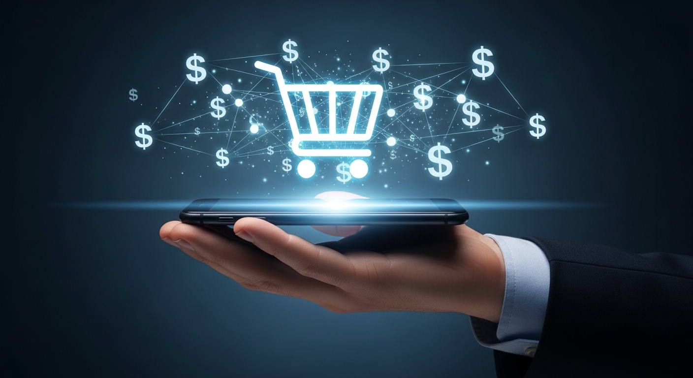 Uma imagem digital vibrante de uma mão humana em um terno escuro segurando um smartphone horizontalmente. Acima do telefone, um holograma brilhante de um carrinho de compras emerge, cercado por múltiplos símbolos de dólar flutuantes, conectados por linhas finas, sugerindo conectividade e transações. A cena representa o conceito de vendas online, comércio eletrônico e o impacto da tecnologia digital no mercado financeiro.
