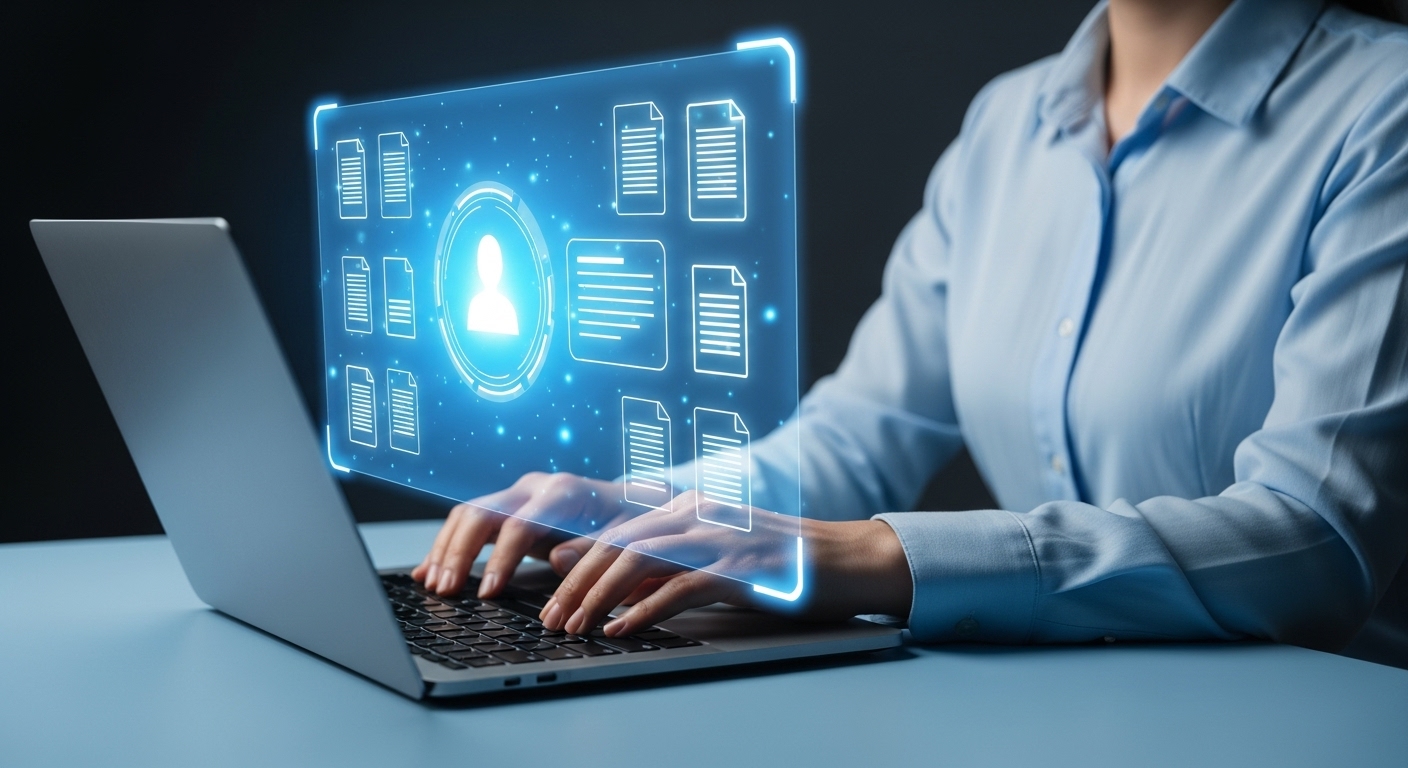 Profissional interagindo com um sistema digital em um laptop, com ícones de usuário e arquivos flutuando, ilustrando a tecnologia e as operações por trás das vendas online e do e-commerce.