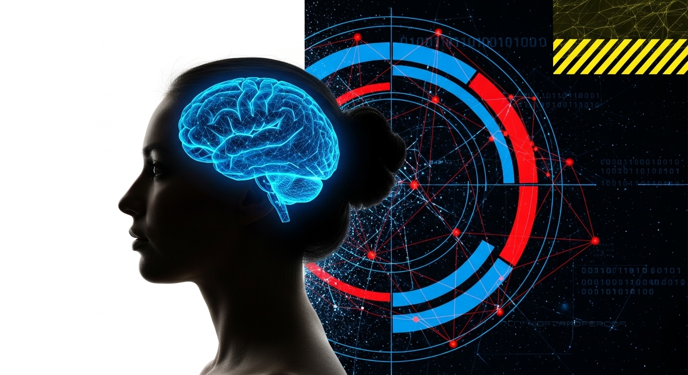 Silhueta de perfil de uma mulher, com o lado esquerdo do seu rosto em um fundo branco. O seu cérebro está destacado em azul brilhante, representando a mente e o processo de neurovendas. O lado direito da imagem é escuro e digital, com gráficos circulares em vermelho e azul, dados binários e linhas de código, simbolizando a tecnologia, a análise de dados e o mundo digital. A imagem mostra a fusão entre o estudo do cérebro humano e o ambiente tecnológico de vendas.