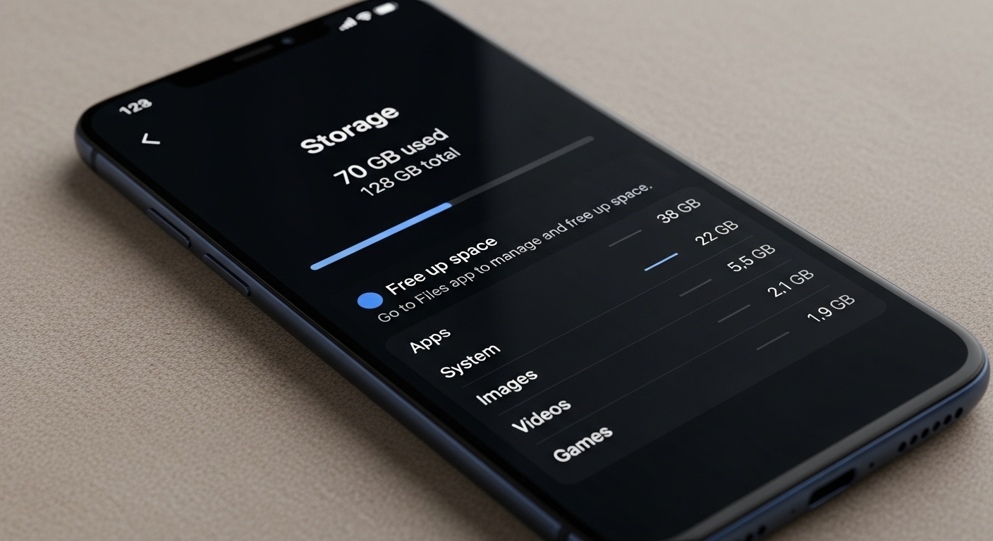 A tela de um smartphone exibe informações sobre o uso do armazenamento interno, mostrando categorias como "Apps", "System", "Images", "Videos" e "Games" consumindo espaço. Embora este seja o armazenamento de um dispositivo, conceitualmente, ilustra como muitos arquivos grandes podem impactar a velocidade de carregamento de um site.