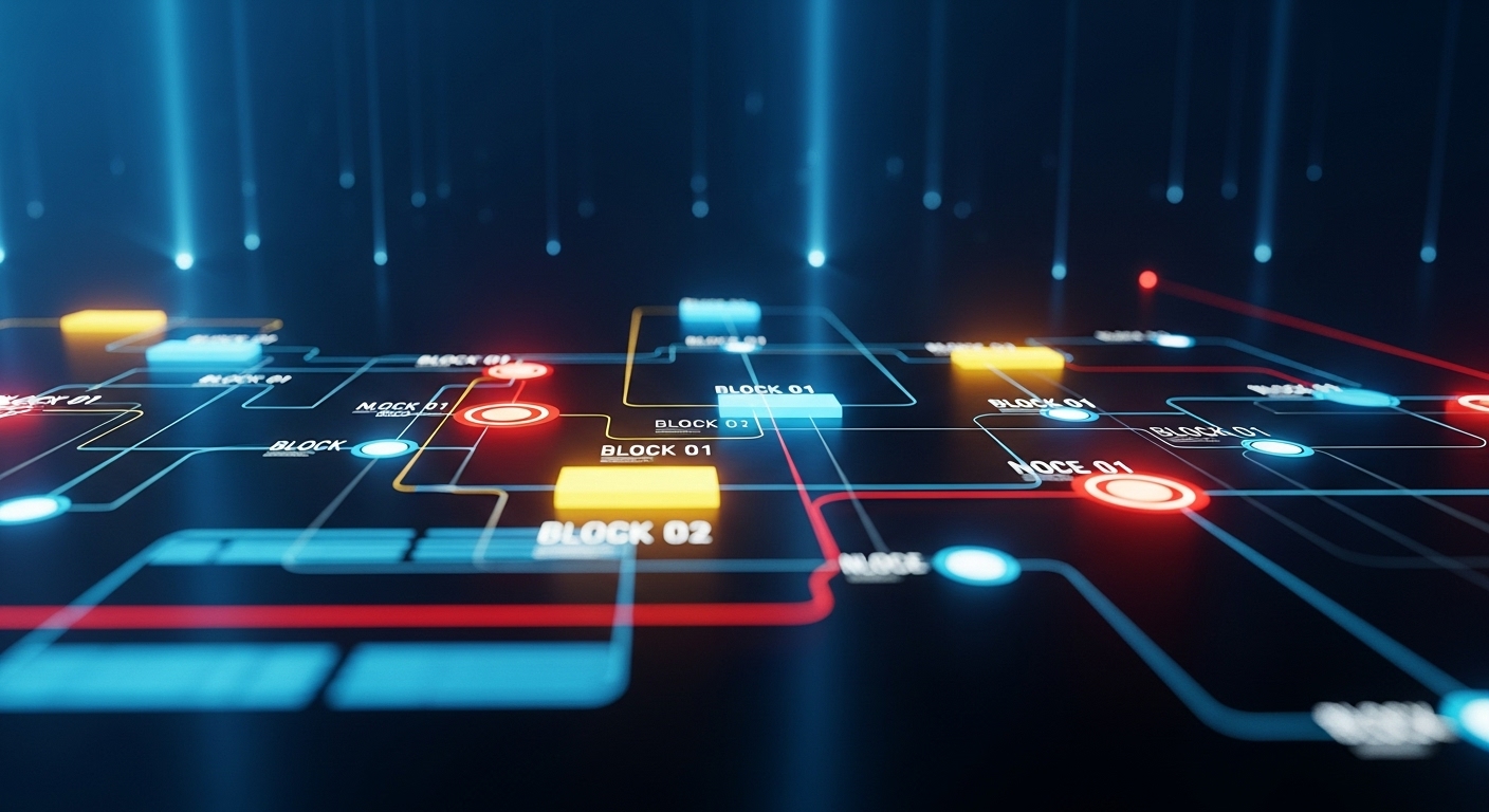 Uma representação digital abstrata de uma rede de dados com linhas interconectadas, blocos de informações e pontos de luz brilhantes em um fundo escuro, simbolizando a infraestrutura e a otimização de rede que melhoram a velocidade do site.