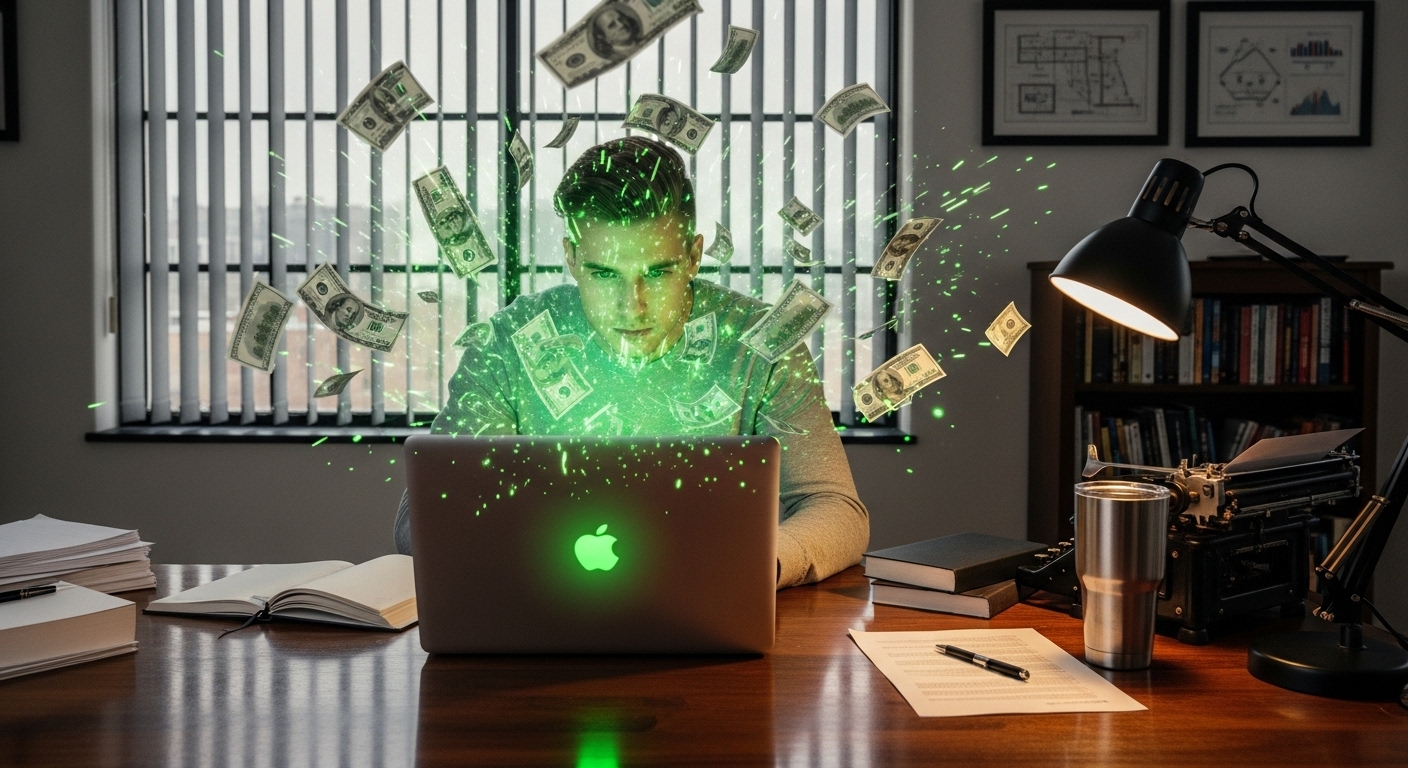 Um homem focado está sentado em uma mesa de escritório, olhando intensamente para um laptop que emite um brilho verde. Notas de dinheiro voam ao redor dele, representando a lucratividade do copywriting.