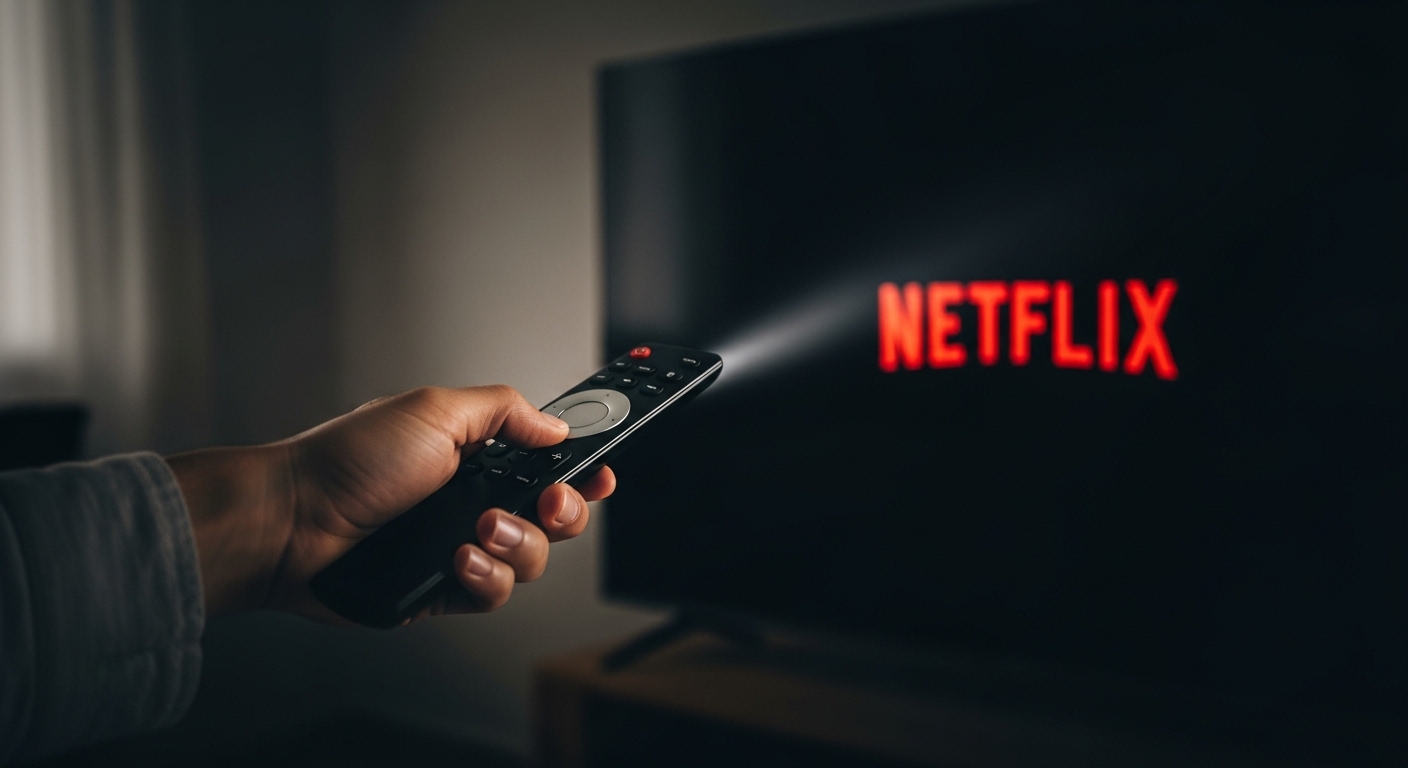 A mão de uma pessoa segura um controle remoto, apontando para uma televisão que exibe o logotipo vermelho da Netflix em destaque. A imagem sugere a conexão entre o copywriting persuasivo e o entretenimento digital.