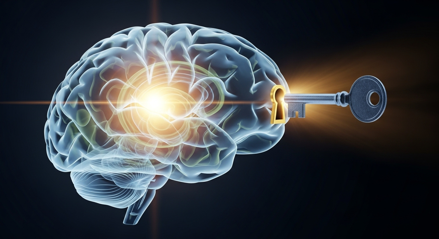 Imagem digital de um cérebro humano translúcido em tons de azul, com uma área brilhante e dourada no centro. Uma chave de metal está inserida em uma fechadura na lateral do cérebro, com a luz dourada irradiando do ponto de contato. A chave simboliza a solução ou a estratégia das neurovendas, que "destrava" o cérebro do consumidor, revelando insights e motivações para a compra.