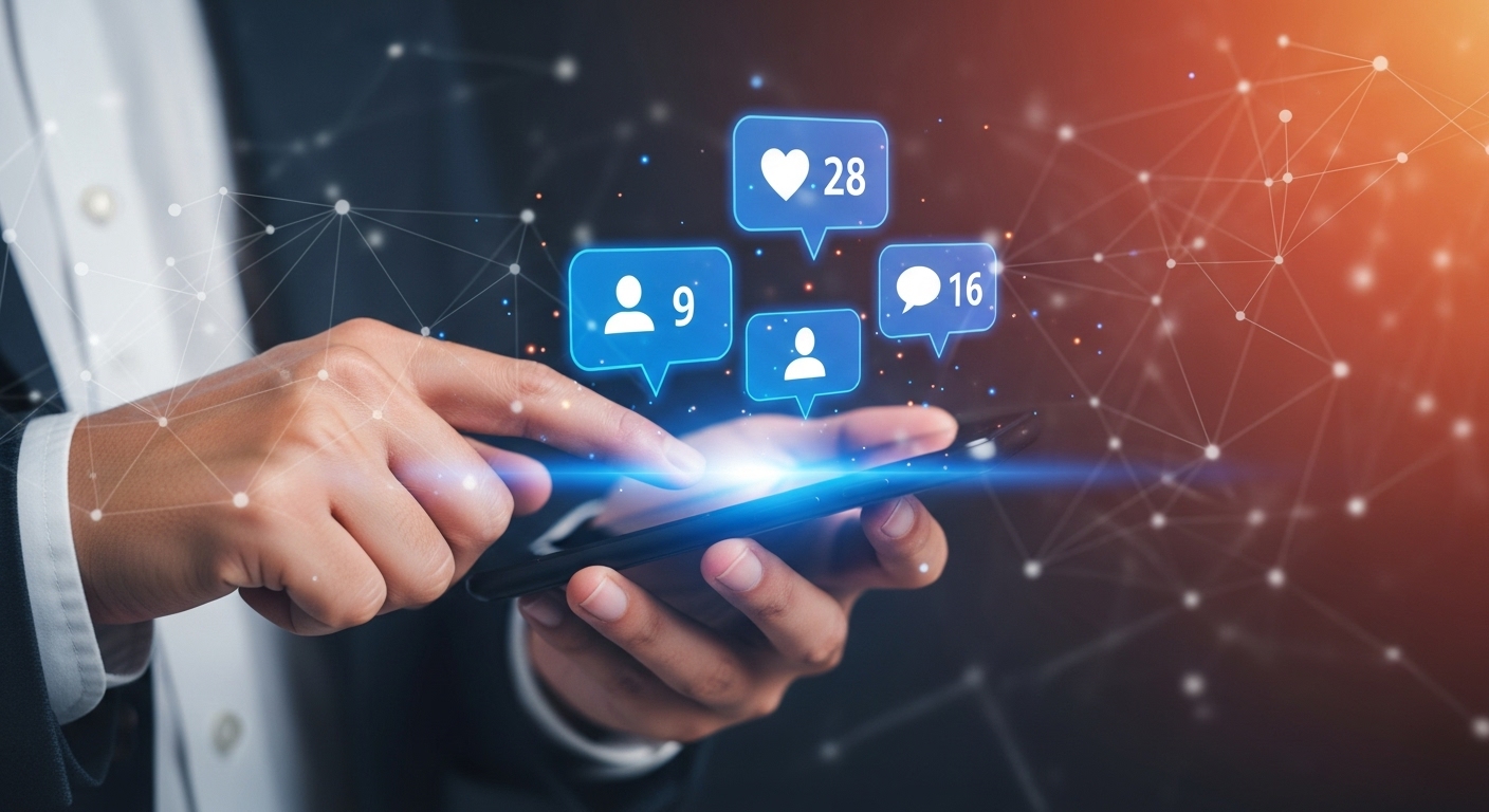 Uma pessoa usando um smartphone com ícones de curtidas, comentários e seguidores flutuando acima da tela, representando o "Alcance no Instagram" e engajamento em redes sociais.