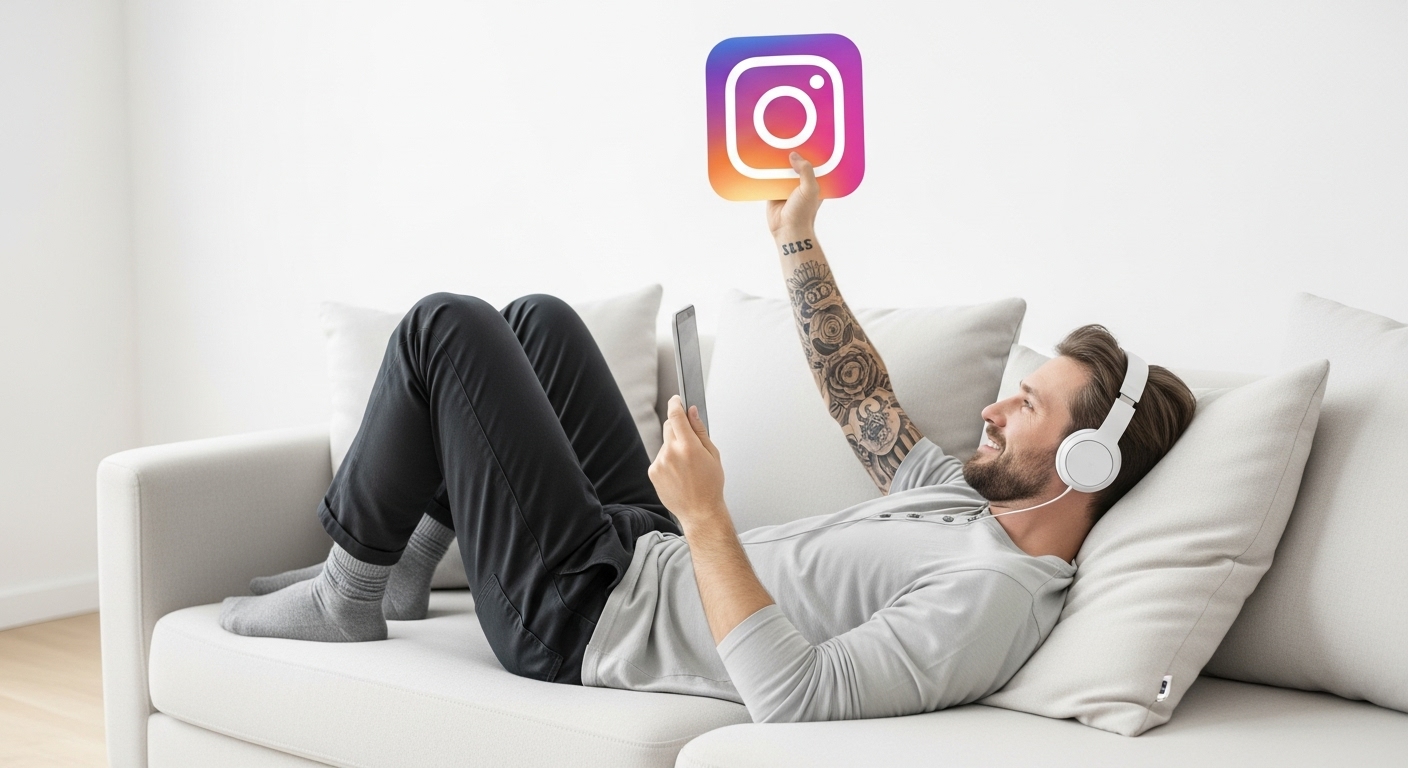 Homem deitado em um sofá, segurando um tablet e erguendo o ícone do Instagram sobre a cabeça. A imagem simboliza a busca por maior "Alcance no Instagram" e sucesso em redes sociais de forma relaxada e criativa.