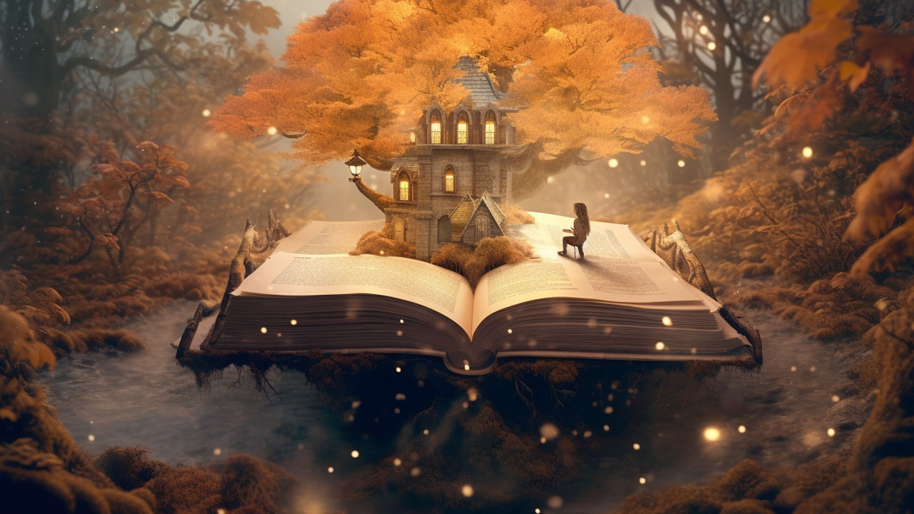 Uma imagem de fantasia que ilustra o conceito de neurovendas e storytelling. Um livro aberto e gigante flutua em uma paisagem de floresta com iluminação mágica, e uma casa com uma árvore de outono crescendo de suas páginas. A imagem simboliza como o storytelling (o livro) pode criar narrativas envolventes que ativam a imaginação e as emoções do consumidor (a paisagem mágica e a casa), influenciando as decisões de compra de forma subconsciente, um princípio-chave das neurovendas.