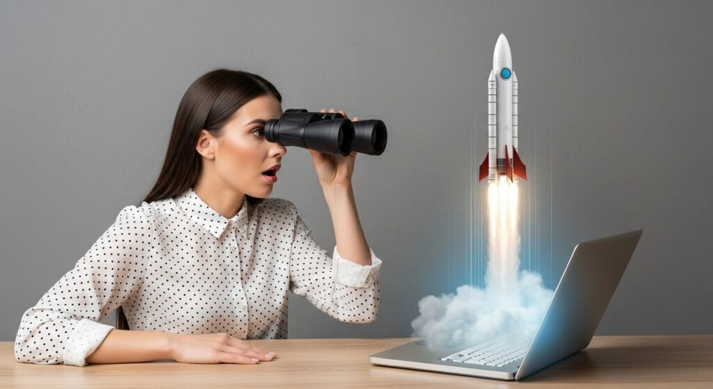 Uma mulher de camisa branca, sentada à mesa, olha com binóculos para um foguete que decola da tela de seu notebook, simbolizando a otimização da velocidade do site.