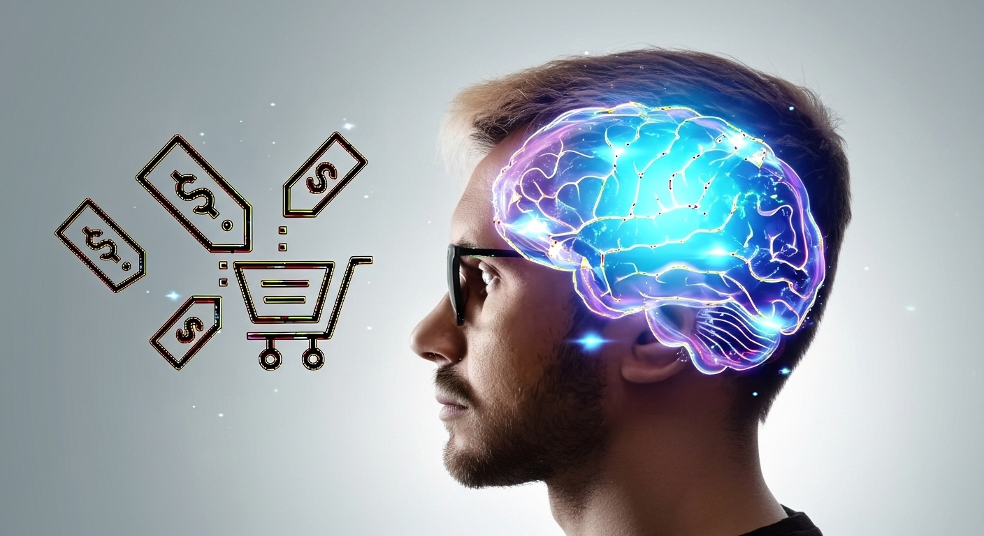 Close-up de um homem de perfil, com óculos pretos, olhando para a frente. O lado direito de sua cabeça é uma representação transparente e brilhante de um cérebro com uma cor azul vibrante, indicando atividade mental. Do lado esquerdo da imagem, há um carrinho de compras digital com três etiquetas de preço flutuando ao redor. Essa imagem ilustra a conexão entre o pensamento estratégico e o marketing de produtos digitais.