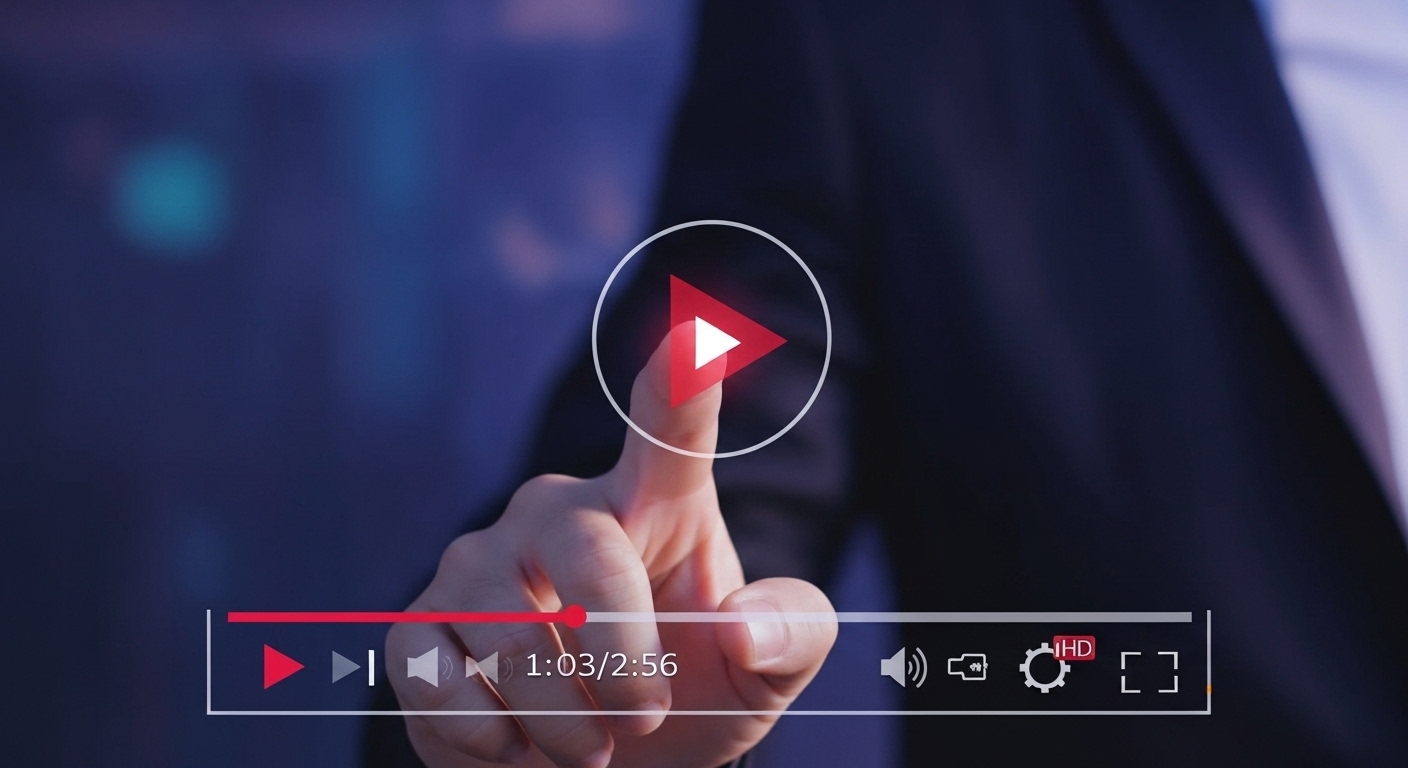 A imagem mostra um dedo prestes a tocar o botão 'play' de um reprodutor de vídeo virtual. A interface do reprodutor, com uma barra de progresso, um ícone de alto-falante e um botão de configurações, flutua em frente a uma pessoa vestindo um terno. A imagem representa a inclusão de conteúdo de vídeo interativo para melhorar o desempenho e a conversão de uma landing page.