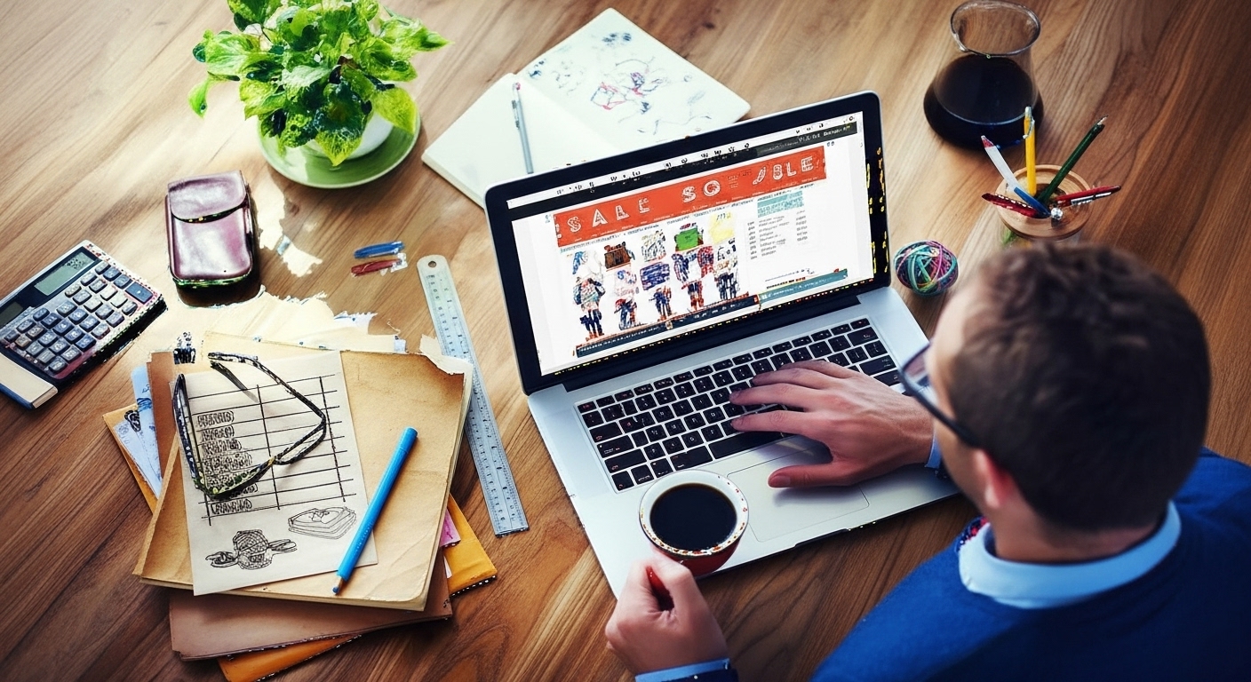 A imagem mostra um homem visto por cima, sentado em uma mesa de madeira. Ele está segurando uma xícara de café enquanto digita em um laptop. A tela do computador exibe uma página de vendas online com produtos, indicando que ele está trabalhando em uma landing page de e-commerce. A mesa está cheia de papéis, óculos, uma calculadora e outros materiais de escritório.